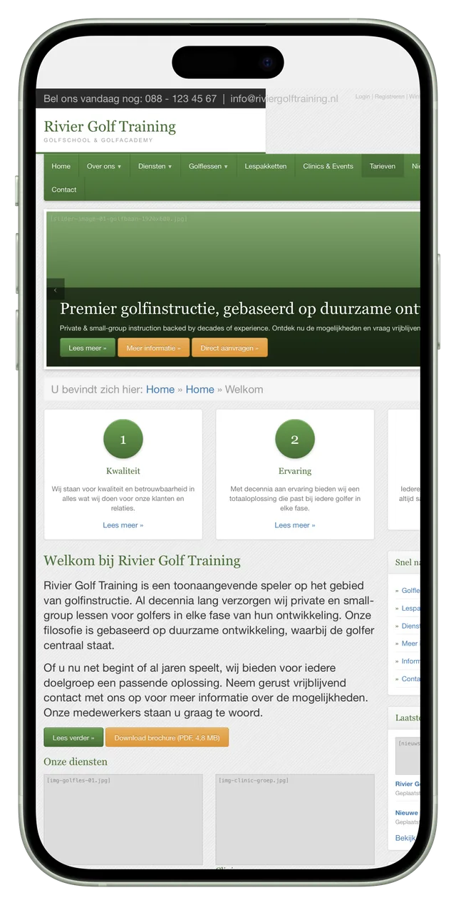 De oude website van Rivier Golf Training uit 2014